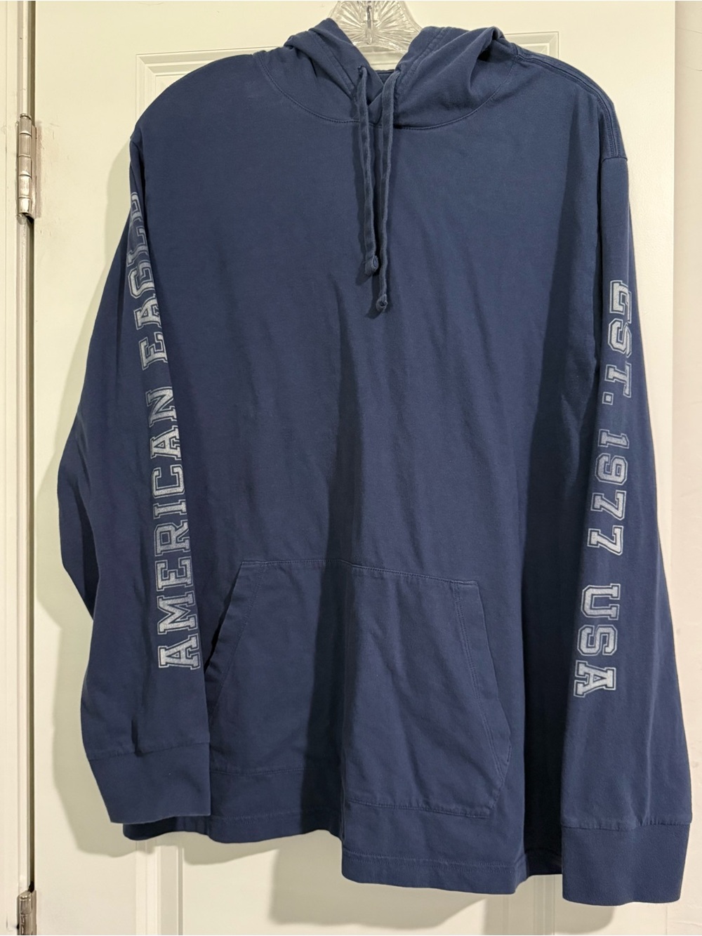 American Eagle Outfitters Navy Pullover Hoodie with Sleeve Graphics